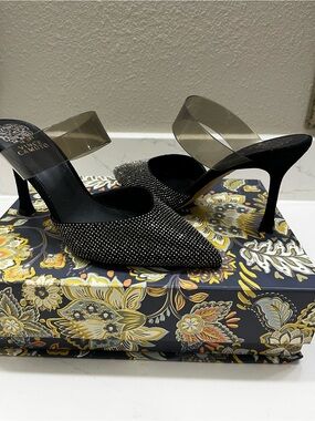 Vince Camuto Kempern2 Black/Smoke Jeweled Pointed Toe Mules with Clear Strap